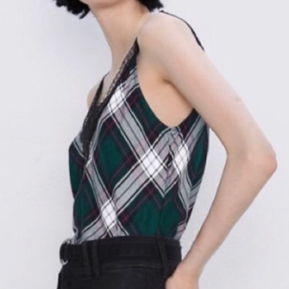 Zara NWT Plaid Lace Camisole Small Green Red Black Tank - Picture 6 of 13